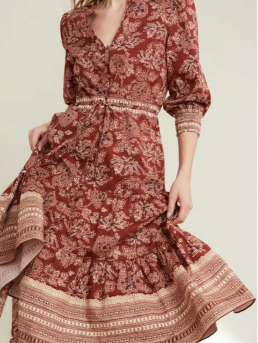 Veronica Beard Swedie Printed Midi Dress Rust Floral Tiered Midi Dress - Picture 2 of 10